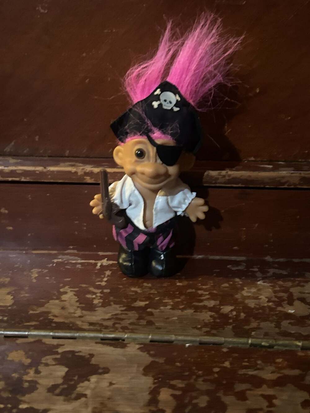 Vintage Russ Pirate Troll Doll with Pink Hair Eyepatch Gun and Costume